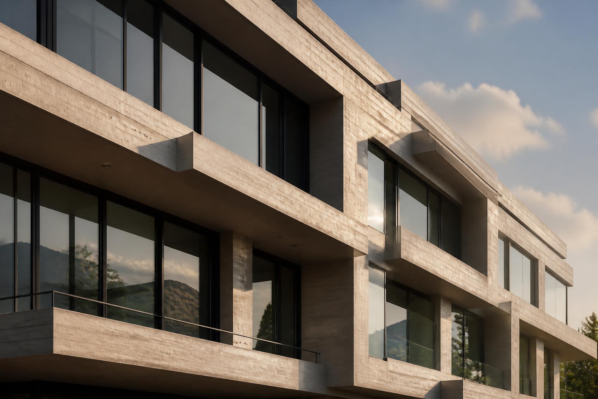 Fachada de edifício contemporâneo em concreto sob luz natural